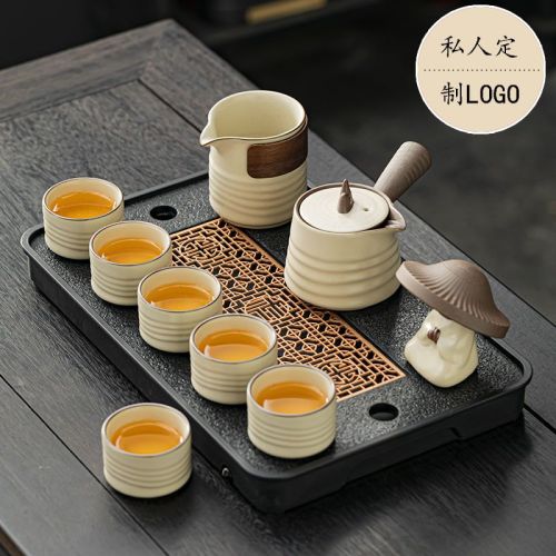 beige ru kiln kung fu tea set suit light luxury office meeting ceramic home high-end bubble side handle teapot gift box