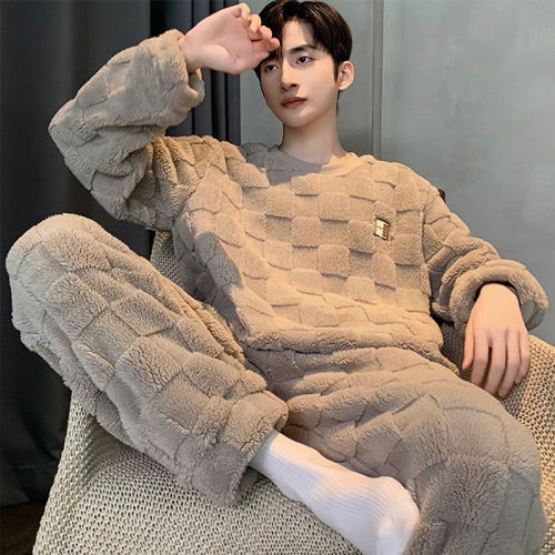 new men‘s pajamas autumn and winter coral fleece thickened fleece-lined warm loungewear teenagers pajamas daily wear suit