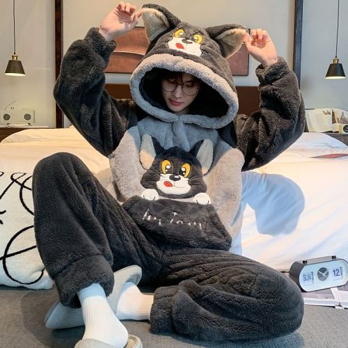 men‘s pajamas autumn and winter coral fleece fleece-lined thickened flannel cartoon plush plus size home wear suit
