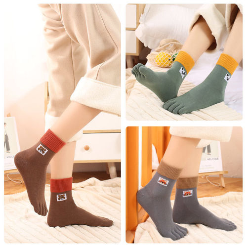 toe socks women‘s autumn and winter pure cotton mid-calf length solid color socks sweat-absorbent breathable deodorant ins trendy all-matching toe socks