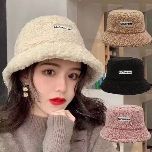 hat female autumn winter japanese lamb wool embroidered letters warm all-matching bucket hat korean fashion plush bucket hat