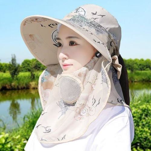 ice silk sun protection thermal insulation hat summer mask face cover sun hat fabric uv edge versatile tea picking sun hat