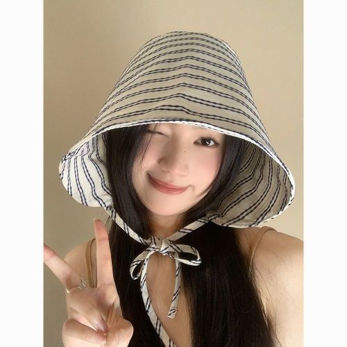 条纹大帽檐环绕式渔夫帽子女夏季防紫外线时尚遮阳百搭薄款防晒帽