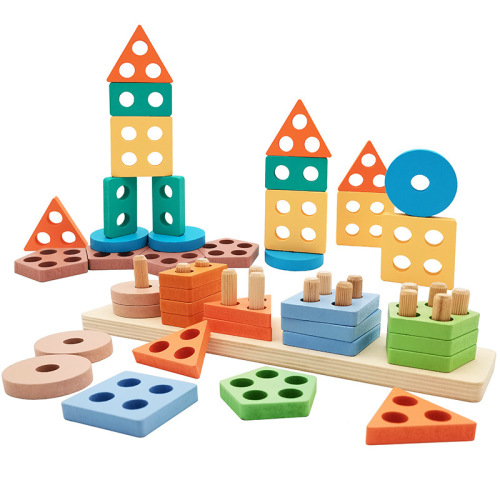 wooden geometric shaped sets of columns children‘s concentration early education building blocks classification color matching cognitive puzzle toys