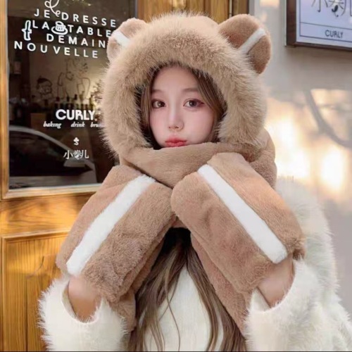 成人三合一小熊帽子围巾手套一体冬季毛绒帽保暖加厚帽爆款