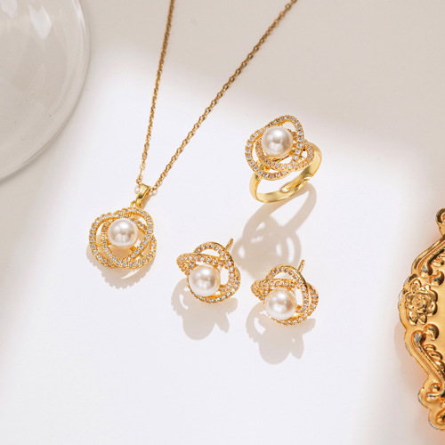 韩版轻奢镶嵌锆石山茶花珍珠套装项链戒指耳钉个性百搭时尚锁骨链