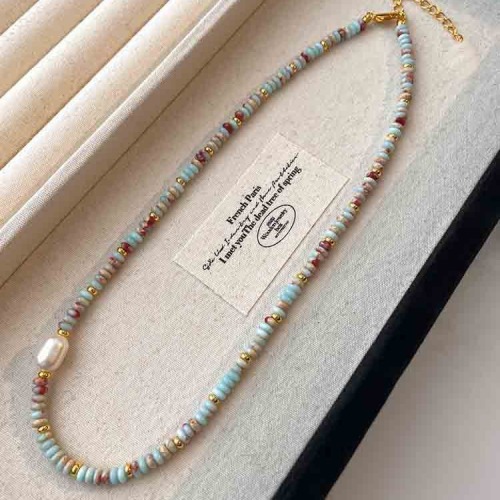 轻奢彩色串珠拼接项链高级感淡水珍珠锁骨颈链叠戴设计饰品女批发