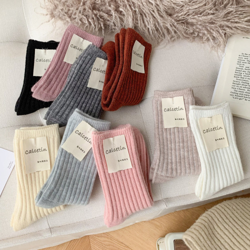wool socks children‘s solid color mid-calf length socks autumn and winter ins tide bunching socks winter thicken thermal japanese and korean style long socks