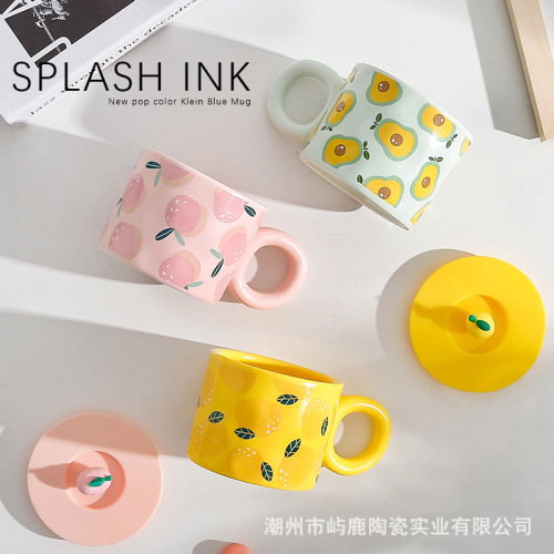 Summer fruit Couple Water Cup Mug Girl Cute Cup with Lid Creative Breakfast Cup High-Looking Ceramic Cup