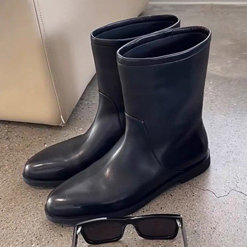 cowhide version ~ leather round head mid-calf knee-high boots women‘s flat slimming retro knight boots slip-on martin boots tide