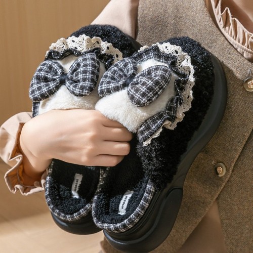 retro fashion bowknot cotton slippers women‘s autumn and winter fleece-lined thermal home wear versatile student winter indoor cotton slippers cotton slippers