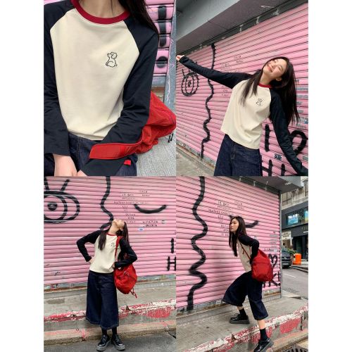 contrast color american raglan sleeve long sleeve t-shirt women 2025 new loose round neck cotton t-shirt top