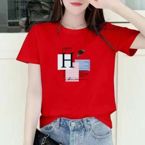 2024新款冰瓷棉T恤女韩版时尚宽松休闲印花百搭夏体恤短袖女上衣