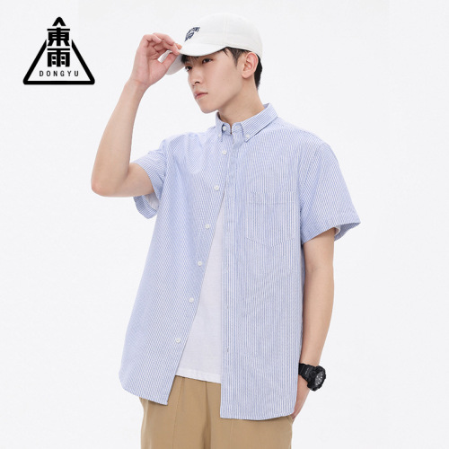 男装春夏休闲牛津纺短袖衬衫高级感青春流行日系衬衫条纹衬衫