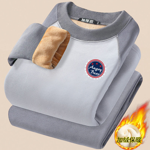 thermal underwear suit men‘s winter fleece-lined thickened cold protection teenagers fashion student two-piece outer wear round neck