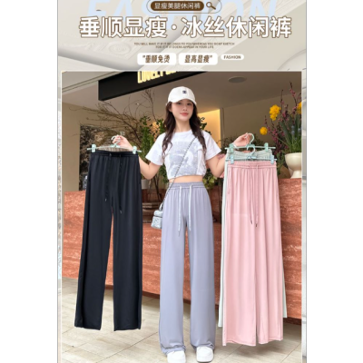 Ice Silk Wide-Leg Pants Women's Summer Thin 2024 New Casual High Waist Drooping Loose Qui-Drying Straight Cold Pants