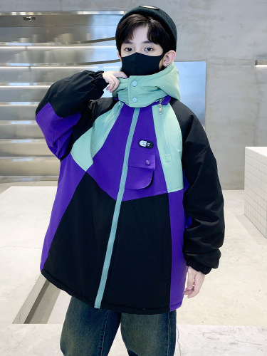 男童加绒夹棉拼色冲锋衣外套新款儿童装潮范加厚保暖棉服冬款