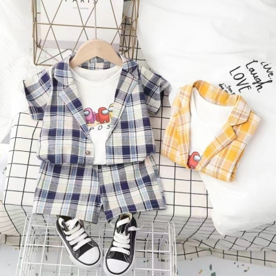 Cotton summer plaid shirt short oversleeves three-piece children's clothing baby handsome casual fashion