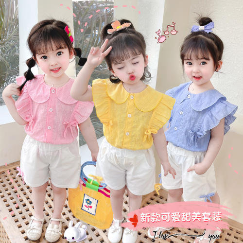 女童纯色洋气短袖童装儿童夏装薄款翻领衬衫背心公主T恤开衫套装