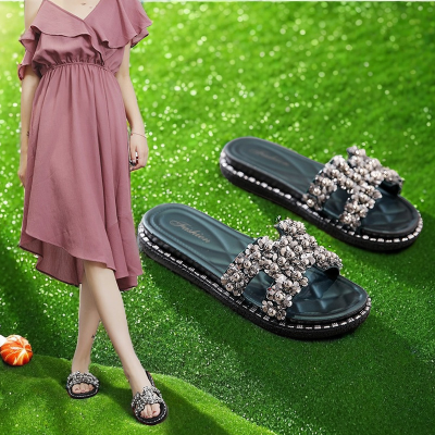 2024 new slippers women's summer wear fashionable all-match sequined sandals seaside beach vacation casual slippers