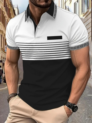 跨境亚马逊速卖通2024夏季螺纹领印花男士短袖翻领纽扣polo衫