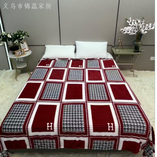 印花抽条法兰绒毛毯 盖毯