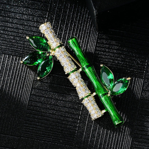 新款金属镶钻胸针竹子节节高升绿色画油富贵竹胸针胸花女时尚配饰