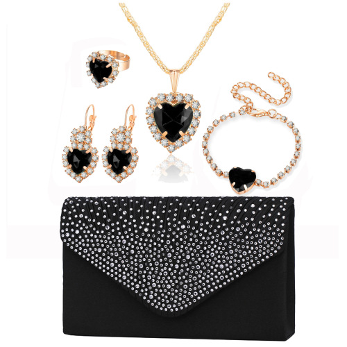 欧美爱心水钻项链耳环戒指手链四件套高档新娘饰品晚宴包手提包女