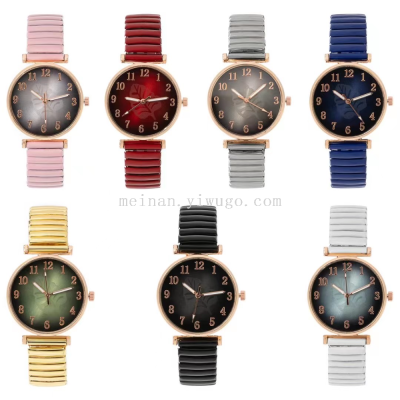 Latest Fashion Numbers Surface Elastic Band Quartz Watch Popular Simplicity Leaves Pattern Women's Watch Spring Watch