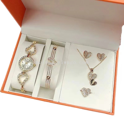 Cross-Border Fashion Bracelet Watch Women's Necklace Bracelet Ring Eardrops Gift Box Love Jewelry Gift Watch