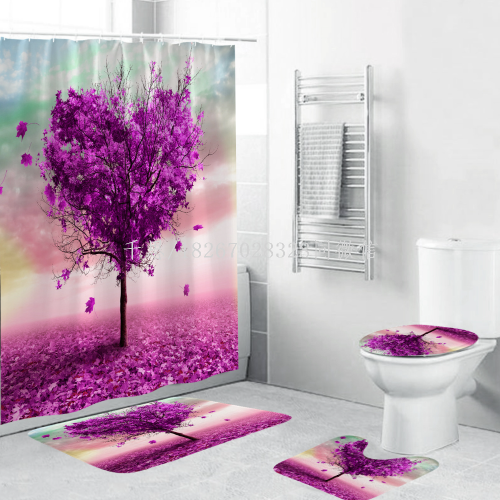 qiansi cross-border regular sale 3d digital printing full polyester waterproof shower curtain floor mat toilet mat bathroom three-piece set wholesale