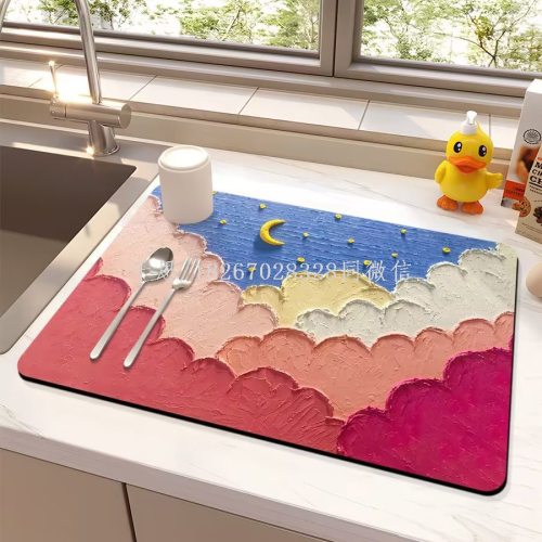 qiansi Kitchen Draining Mat Insulation Mat Bar Water Absorbing Mat Faucet Splash-Proof Mat Kitchen Non-Slip Oil Painting Mat