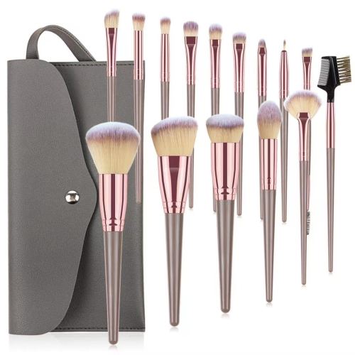 15 gray handbag makeup brush set， powder brush， blush brush， eye shadow brush， lipstick brush