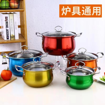 Stainless Steel Export Set Thickened 10-Piece Soup Pot Color Steel Ear Glass Cover High Pot Factory Wholesale