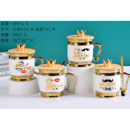 New Ins Nordic Gold-Plated Crown Ceramic Cup Mug with Lid Coffee Cup Tea Cup Drinking Cup Advertising Logo