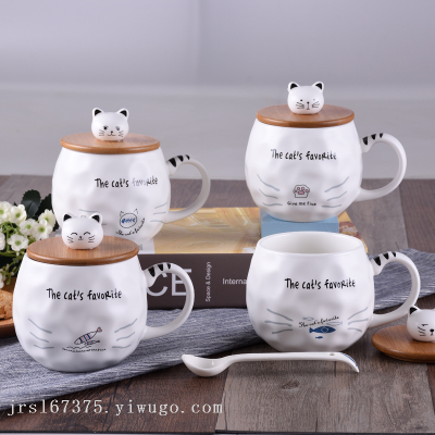 Nordic Cartoon Cat Wooden Lid Ceramic Cup High Temperature Resistant Mug with Cover Spoon Cup Set Gift Wholesale