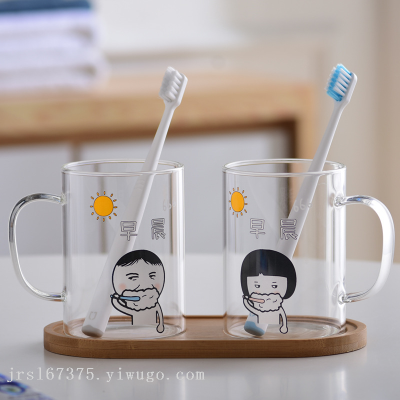 Creative Household Glass Gargle Cup Cartoon Couple Brushing Teeth Couple Cups Festival Free Gift Cup with Coaster Suit