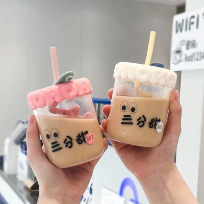 Spiral Tube Cups of Silicone Cover Cups of Milk Tea Belong to Everyone's Three-Point Sweet with Scale Cup with Straw