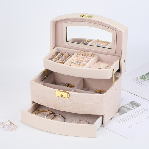 新款鳄鱼纹分层首饰盒 PU三层饰品盒手饰盒 耳环项链首饰收纳盒