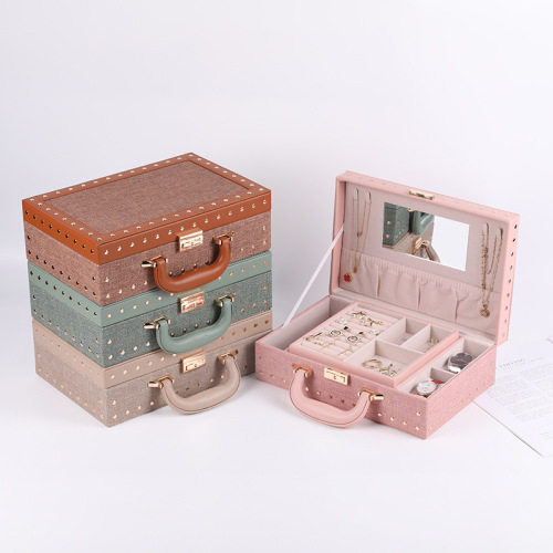 PU单层分格首饰盒 韩版简约便携式手提首饰收纳盒 手表耳环收纳盒
