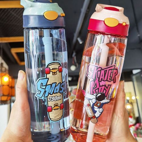 large capacity water cup summer suction tube cartoon portable kettle student school special elastic cover with scale portable cup