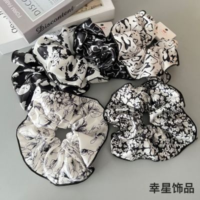 Exquisite Elegant Graceful Floral Large Intestine Ring Hair Ring Simple All-Matching Printed Black and White Ink Head Rope Headdress Hair Accessories