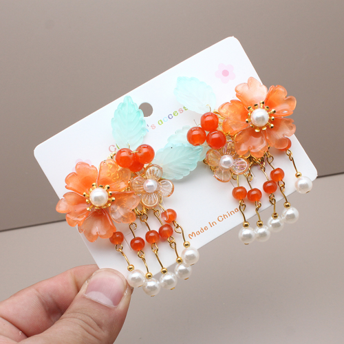 han chinese clothing hair accessories children‘s archaistic headdress girls‘ flower tassel butterfly hairpin sweet baby girls‘ chinese style a pair of hairclips