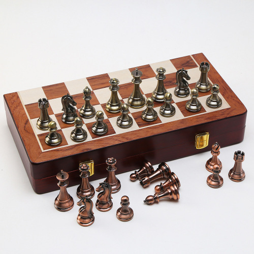 欧美高档金属国际象棋青红铜棋子实木折叠棋盘西洋棋比赛专用跨境