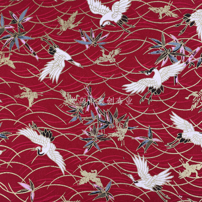 Ancient Style National Style Cotton Crane Flying Bird Printing Fabric Bronzing Cheongsam Clothing Costume Home Textile DIY Gold Powder Cloth