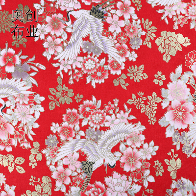 National Style Bronzing Fabric Flower-Bird Print Costume Clothing Home Textile Fabric Festive Crane Ornament Gold Pink 