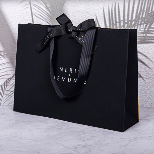 黑色珠宝购物手提包压花金箔纸配丝带 高档磨砂接触触感纸包定制