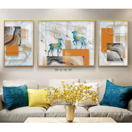 living room decorative painting modern new chinese sofa background wall triptych hanging picture simple atmospheric rounded lucky deer mural