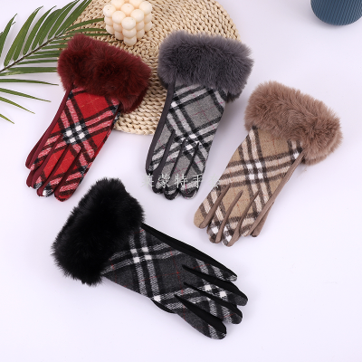 Autumn and Winter AB Plaid Woolen Mouth Women's Warm Riding Touch Screen Gloves