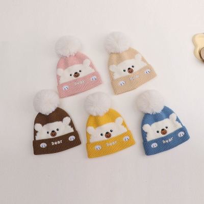 Autumn and Winter New Babies' Boys and Girls Baby Cartoon Bear Knitted Hat Fleece-lined Keep Baby Warm Earmuffs Hat